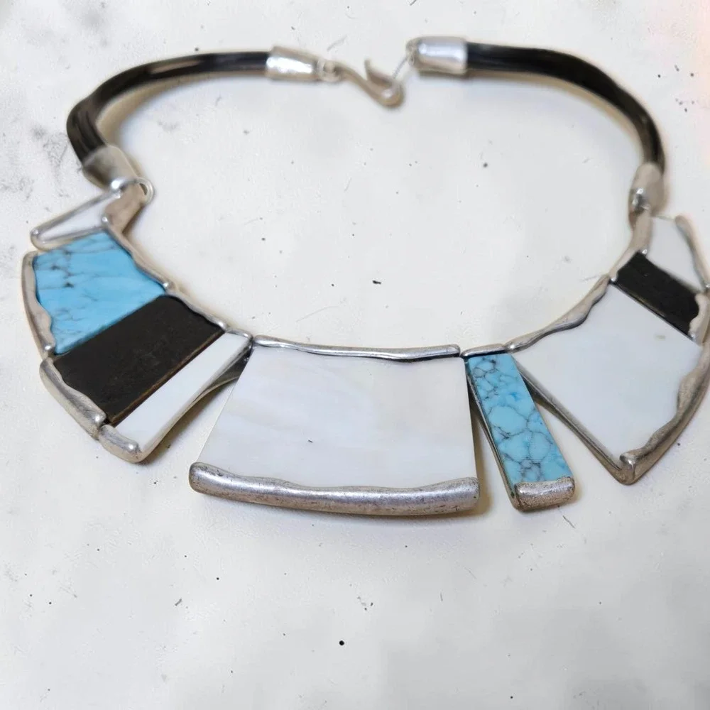 SOHO Robert Lee Morris Statement Necklace MOP Turquoise Black Cord Bib Vtg